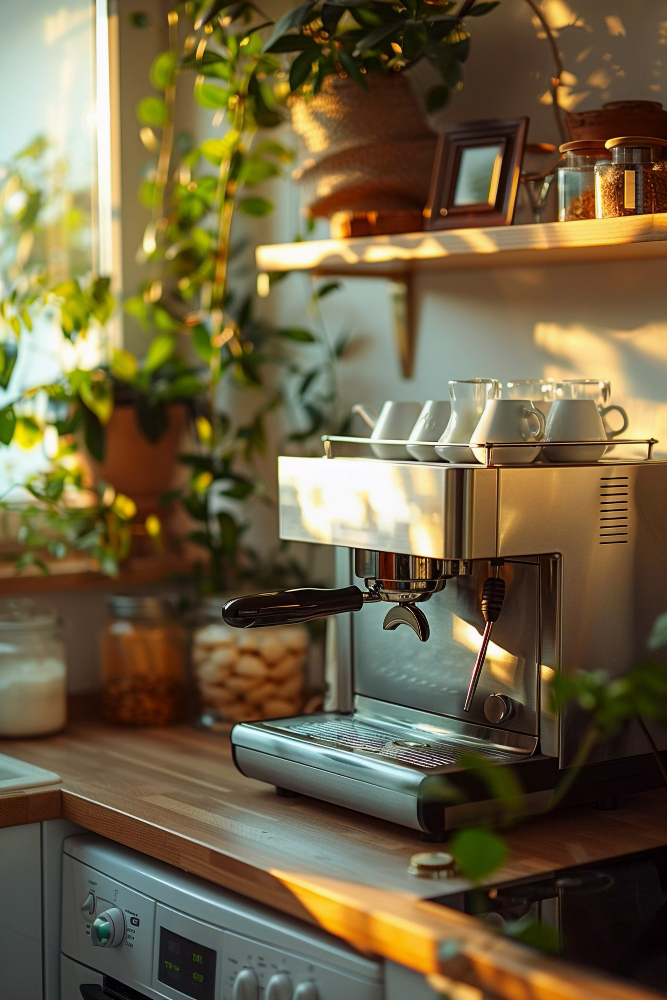 Kaffemaskine på køkkenbord med planter i baggrunden